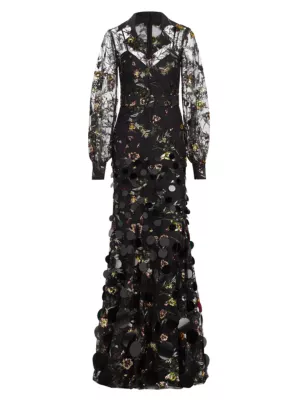 Shop Badgley Mischka Lace & Sequin Bishop-Sleeve Gown | Saks Fifth Avenue