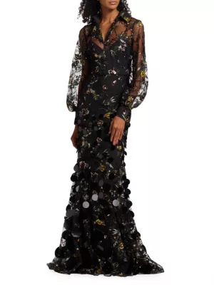 Shop Badgley Mischka Lace & Sequin Bishop-Sleeve Gown | Saks Fifth Avenue