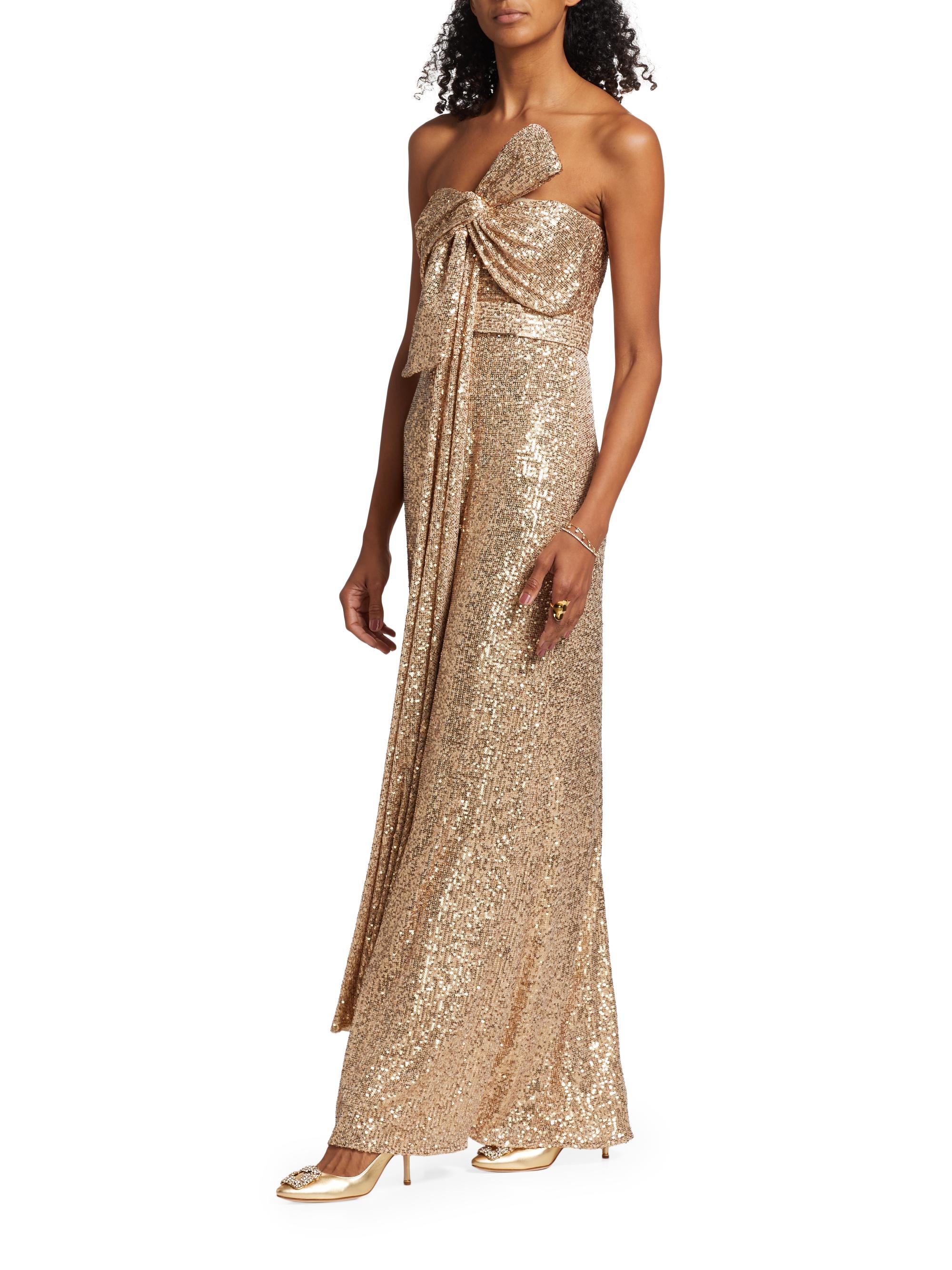 Badgley Mischka Women's Strapless Sequin Bow Gown - Gold - Size 8
