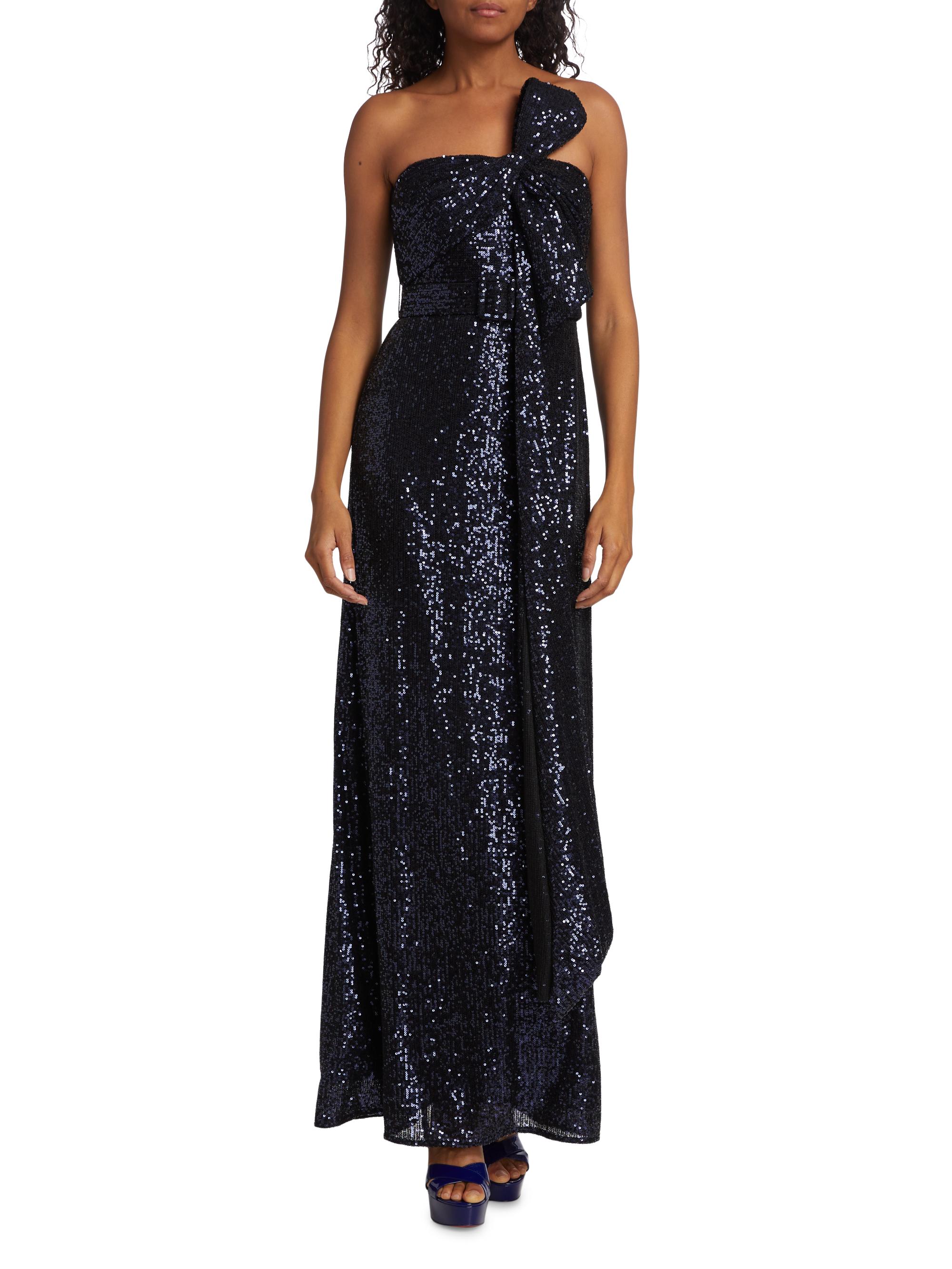 Badgley Mischka Women's Strapless Sequin Bow Gown - Navy - Size 14