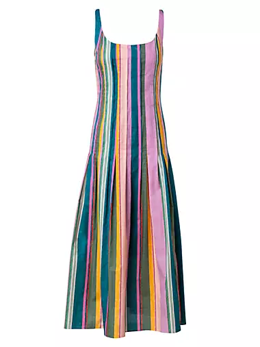 AKRIS PUNTO Black Ribbon Stripe Organza Pleat Skirt V-neck A-Line Midi  Dress 6
