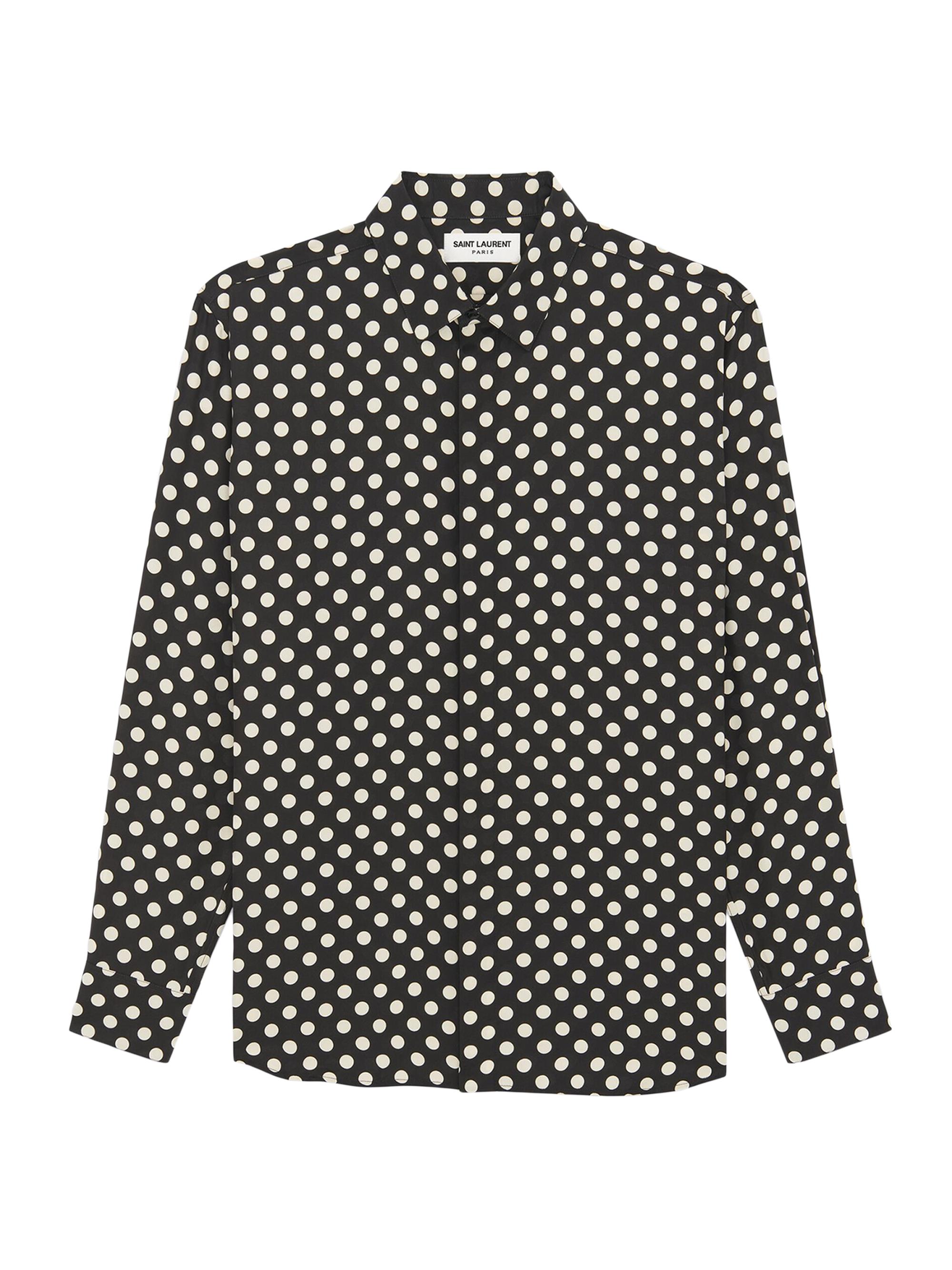 Saint Laurent Men's Yves Collar Shirt In Matte And Shiny Dotted Silk - Black