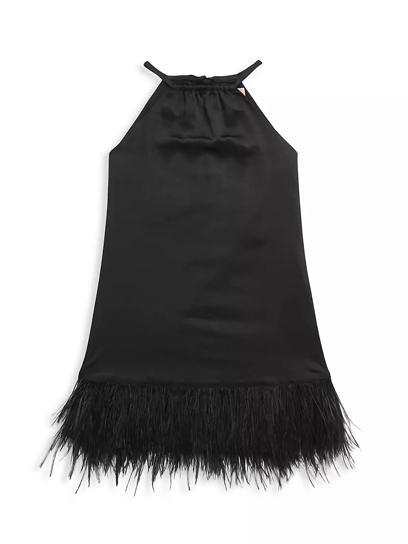 Members Only | Black Satin Feather Trim Mini Dress US 6 / Black