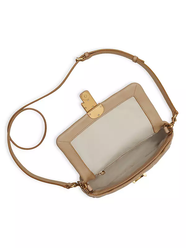 Minimalist Caramel Leather Purse Bag Adjustable Gold Chain Link Strap White  Leather Lining