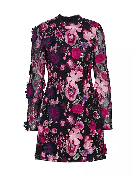 ML Monique Lhuillier - Long-Sleeve Floral-Embroidered Minidress