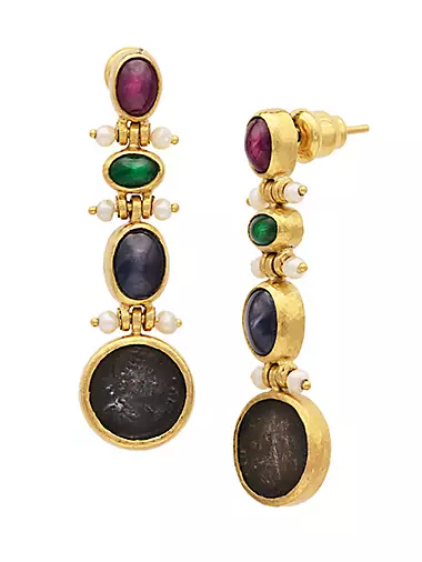 Antiquities Ooak 24K Yellow Gold, Freshwater Pearl & Multi-Gemstone Drop Earrings