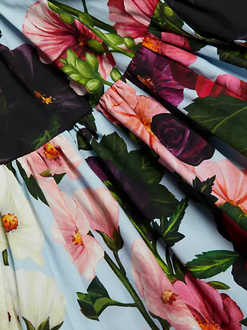 Oscar de La Renta Hollyhocks Floral-Print Tiered Sleeveless Belted Mini Dress, Pink/Pale Blue, Women's, 6, Sleeveless Dresses