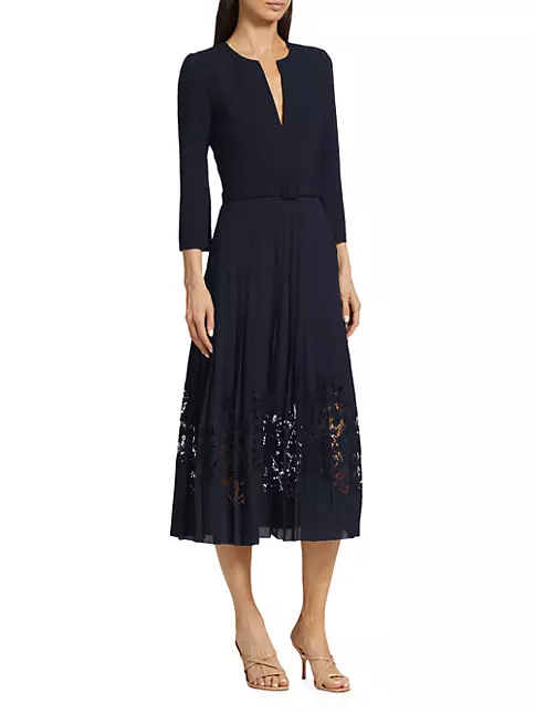 Shop Oscar de la Renta Pleated Chiffon & Lace Inset Midi-Dress | Saks ...