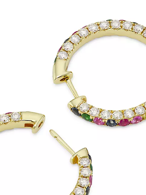 Multicolored Gemstone Hoop Earrings in 14K Rose Gold, Rainbow Gemstone  Statement Hoop, Gift for Mom, Gift for Her 