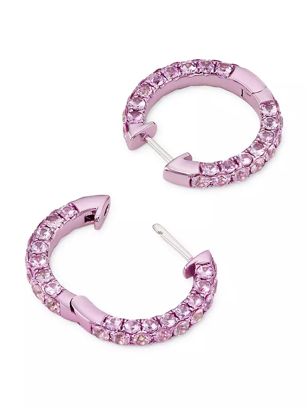 3 Sided Magenta-Rhodium-Plated 18K Rose Gold & Pink Sapphire Hoop Earrings