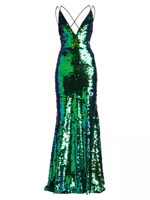 Sho by Tadashi Shoji Women's Sleeveless Sequined V-Neck Gown - Green Blue