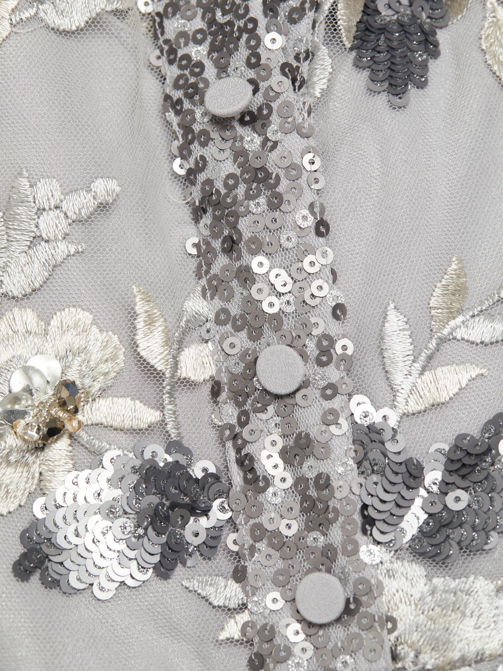 badgley mischka sequin collar dress Badgley Mischka Sharp Collar 3/4 Sleeves Belted Cinched Waist Below the  Knee Sequin Laced Sheer Tulle A-Line Midi Dress