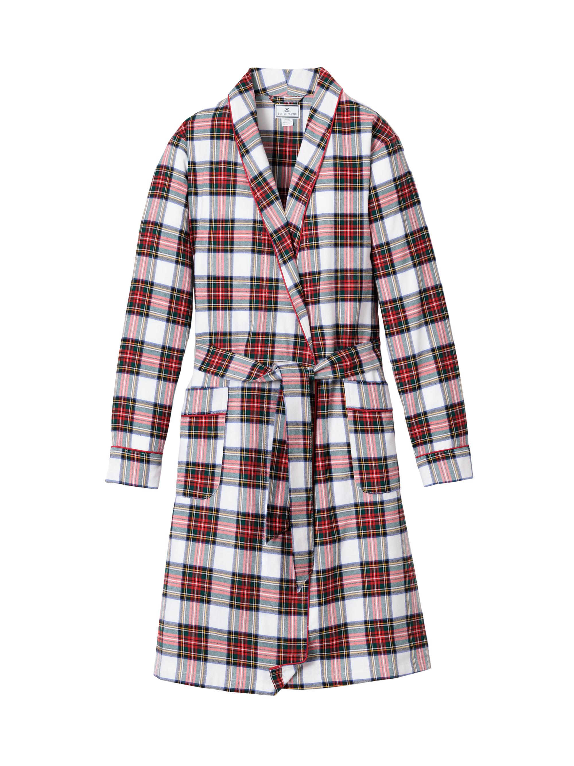 Petite Plume Women's Balmoral Plaid Robe - White