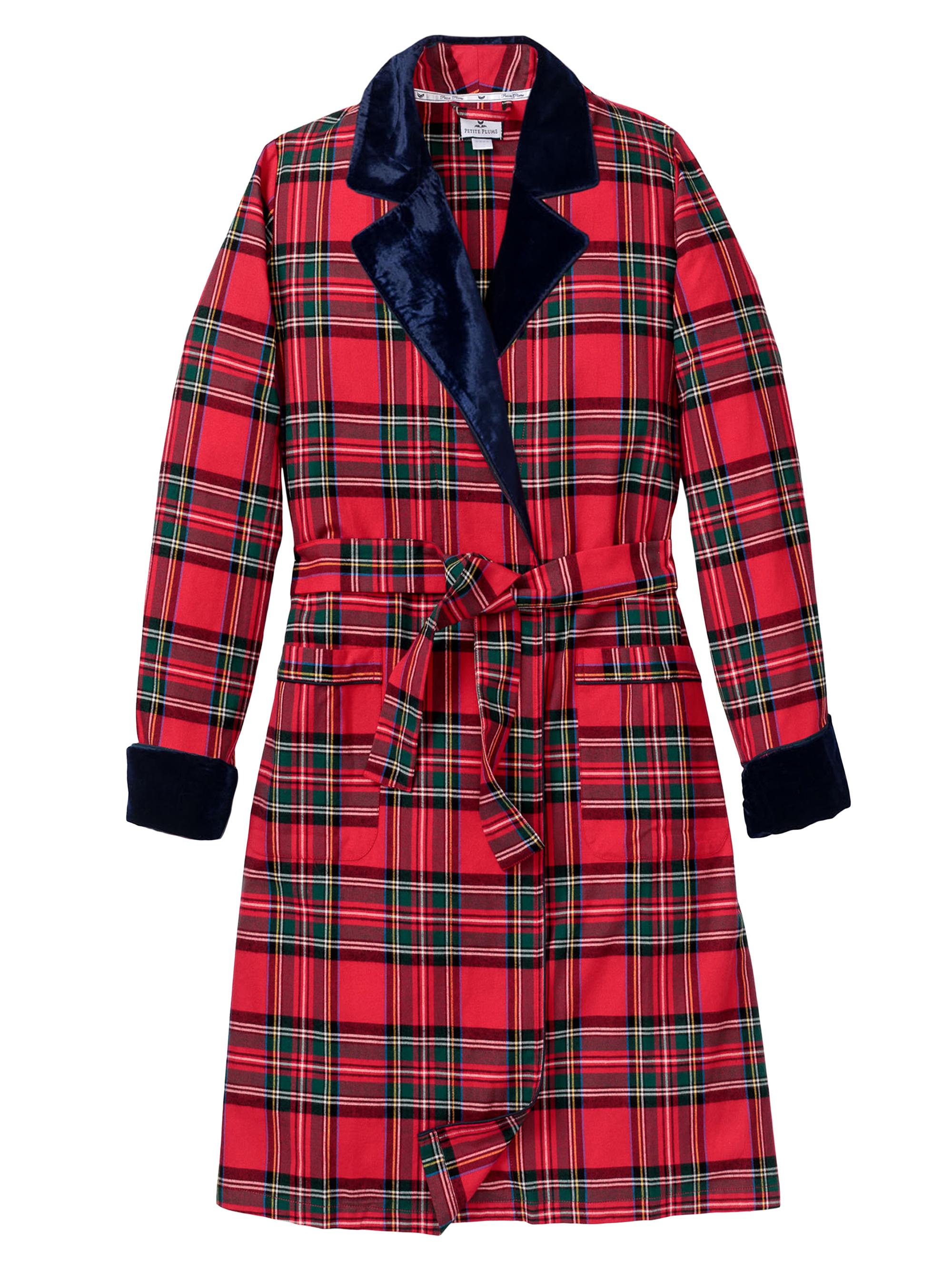 Petite Plume Imperial Tartan Velvet-Trim Robe - Red