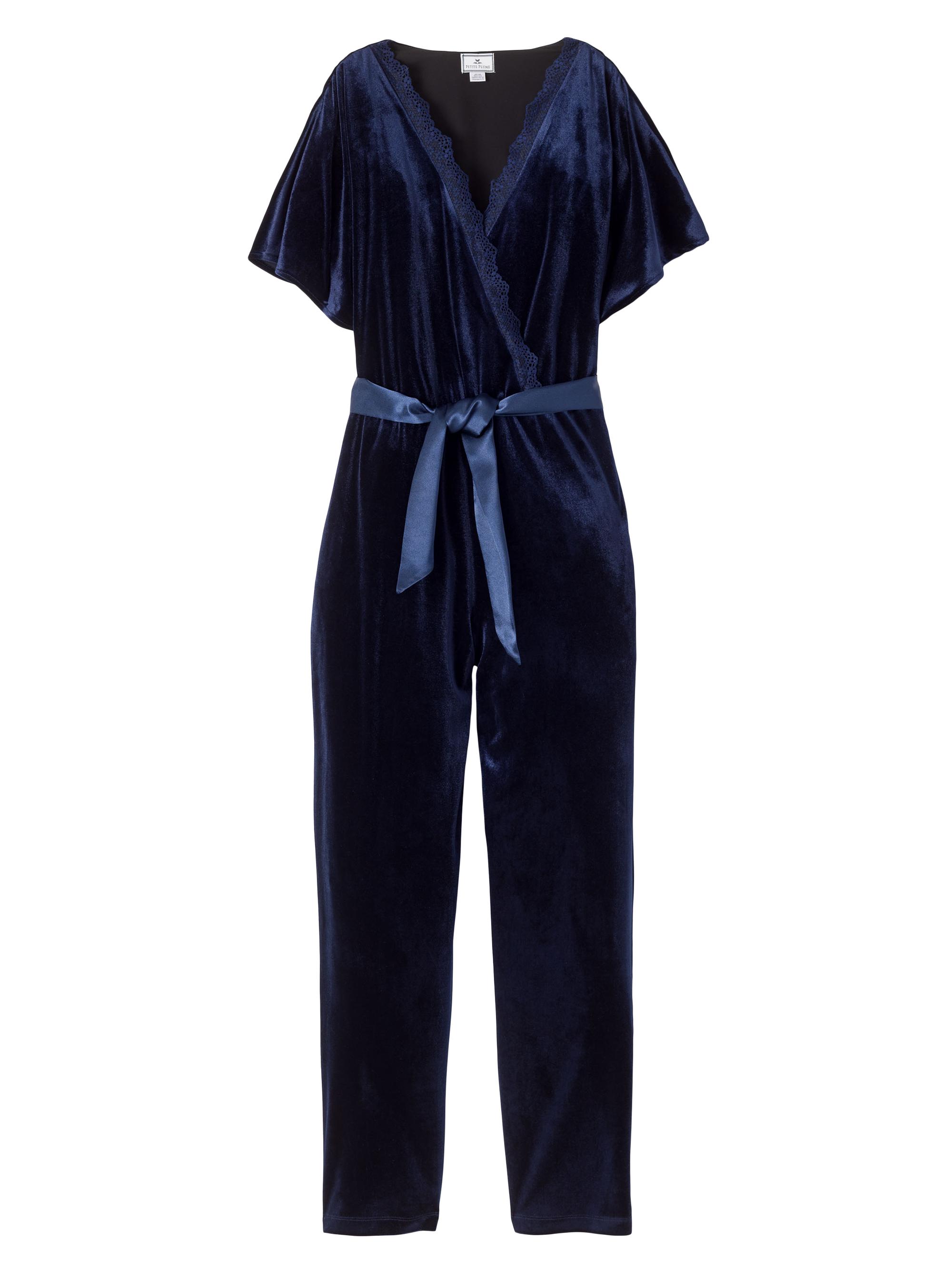 Petite Plume Velour Short-Sleeve Jumpsuit - Navy