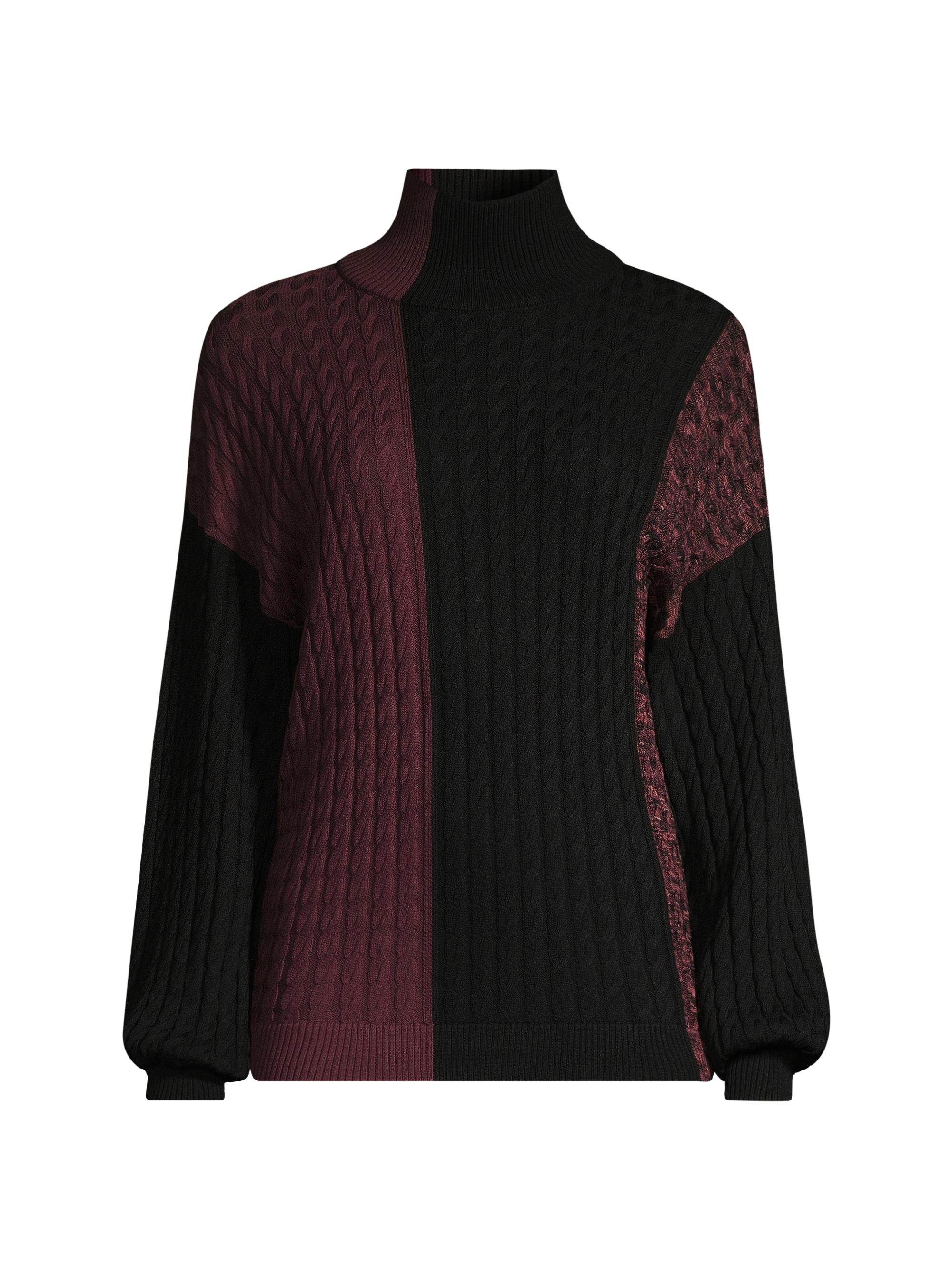 Misook Women's Colorblock Cable-Knit Turtleneck Sweater - Mahogany Black