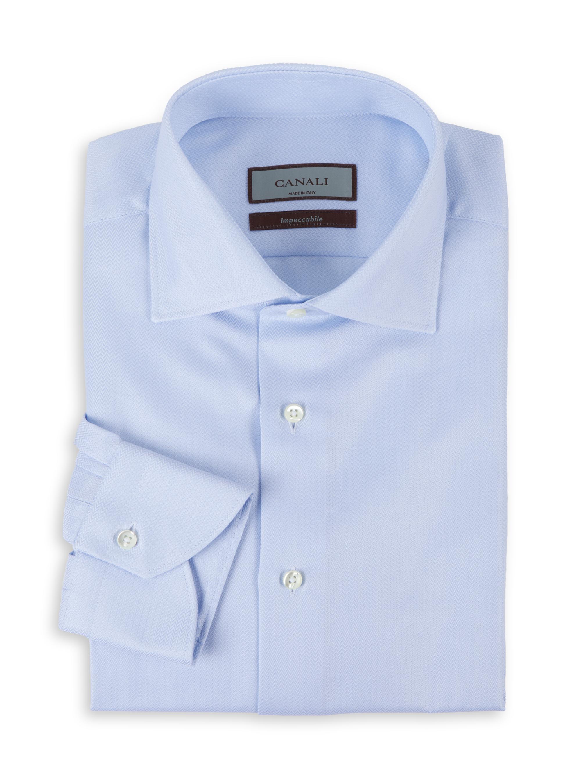 Canali Men's Solid Herringbone Cotton Dress Shirt - Blue