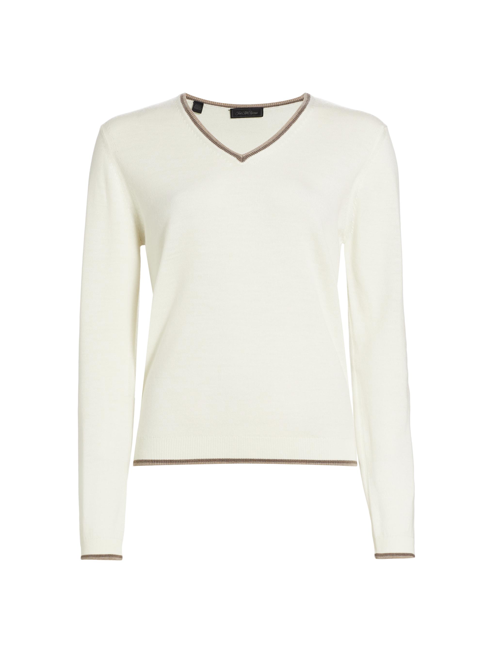 Saks Fifth Avenue Women's Tipped Wool V-Neck Sweater - Oyster