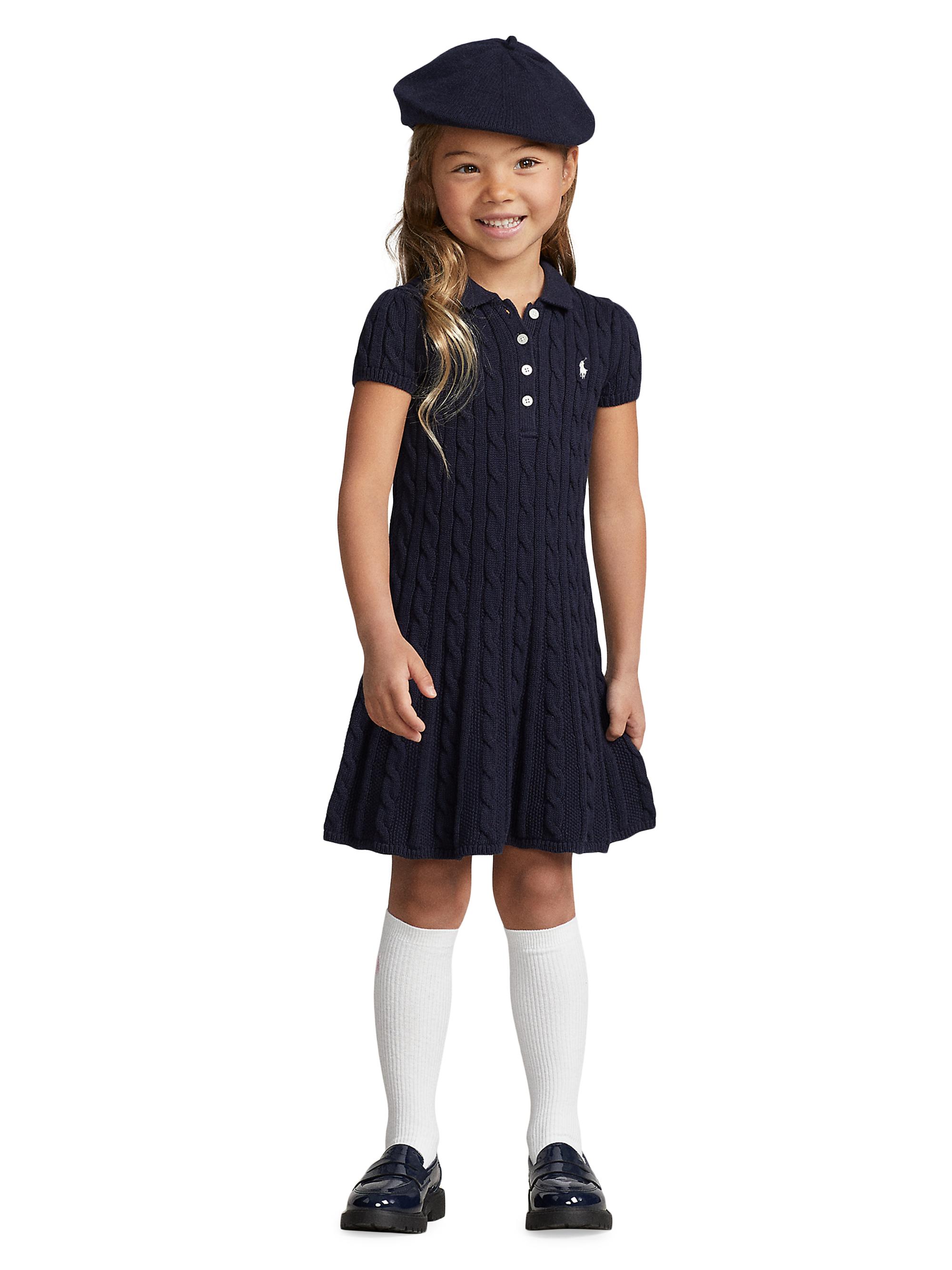 Polo Ralph Lauren Girls' Cable-Knit Cotton Polo Sweater Dress - Little Kid - Blue - Size 2 - Rl Navy/Peach Cream