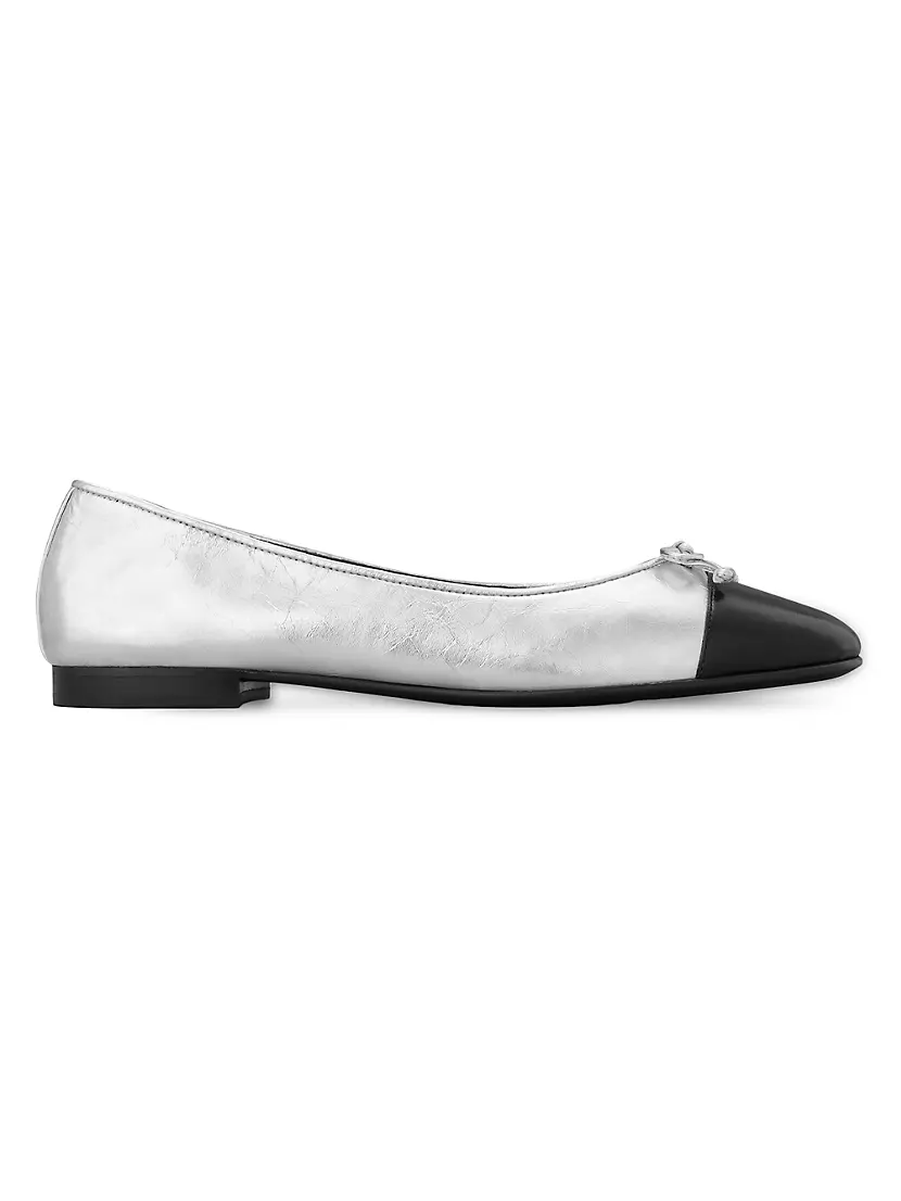 Tory Burch Women's Cap-Toe Leather Ballet Flats - Silver Black - Size 6.5