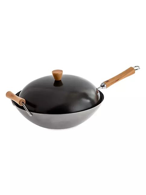Classic Series 14-Inch Carbon Steel Flat Bottom Wok with Birch