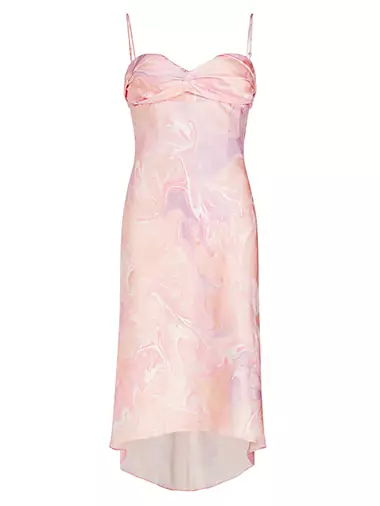 Draped Bustier Abstract Silk Midi-Dress