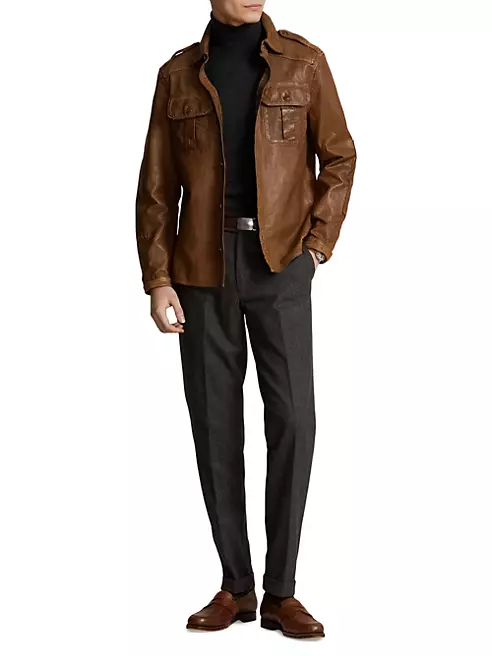 Polo Ralph Lauren Men's Washed Leather Utility Jacket - Brown - Size Medium - Deep Obsidian