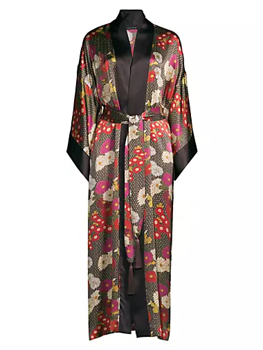 Agathe Belted Floral Silk Satin Long Robe