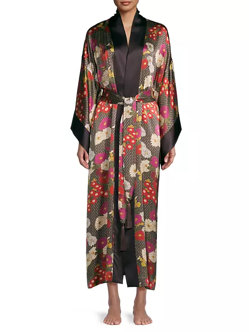 Shop Josie Natori Agathe Belted Floral Silk Satin Long Robe | Saks ...