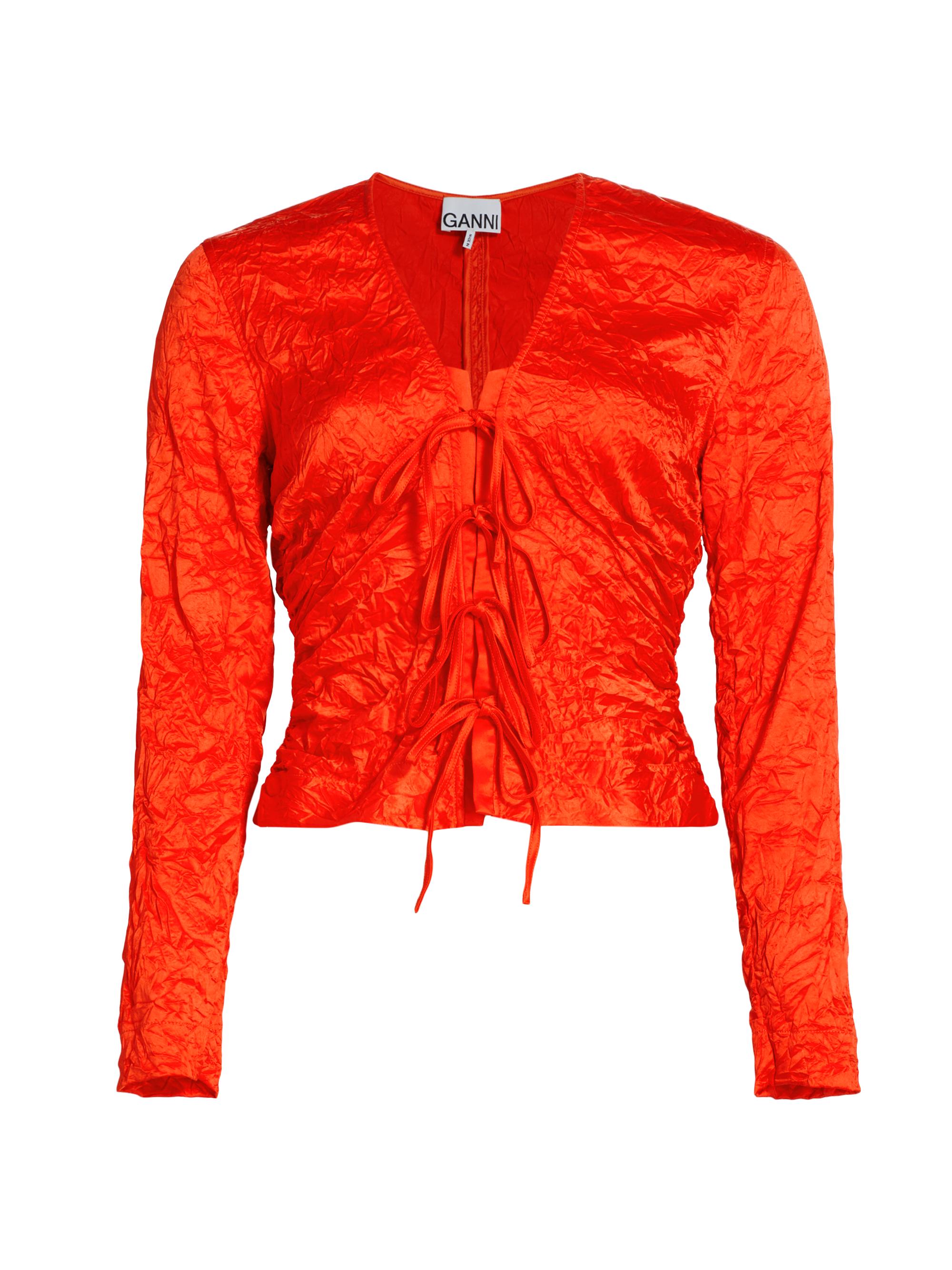 Ganni Women's Crinkled Satin Te-Front Blouse - Grenadine