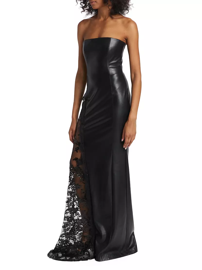 Shop Alice + Olivia Retha Strapless Vegan Leather & Sequined Gown 