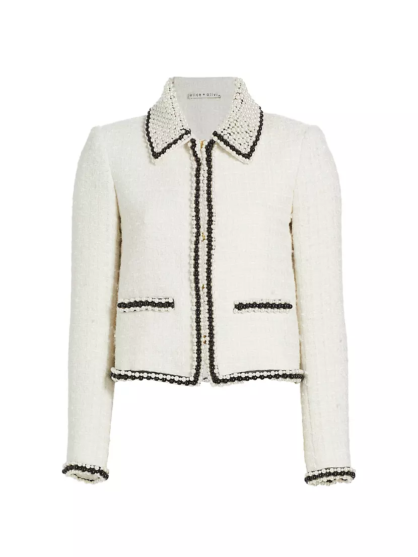 Alice + Olivia Women's Kidman Bead-embellished Tweed Jacket - Off White - Size Small