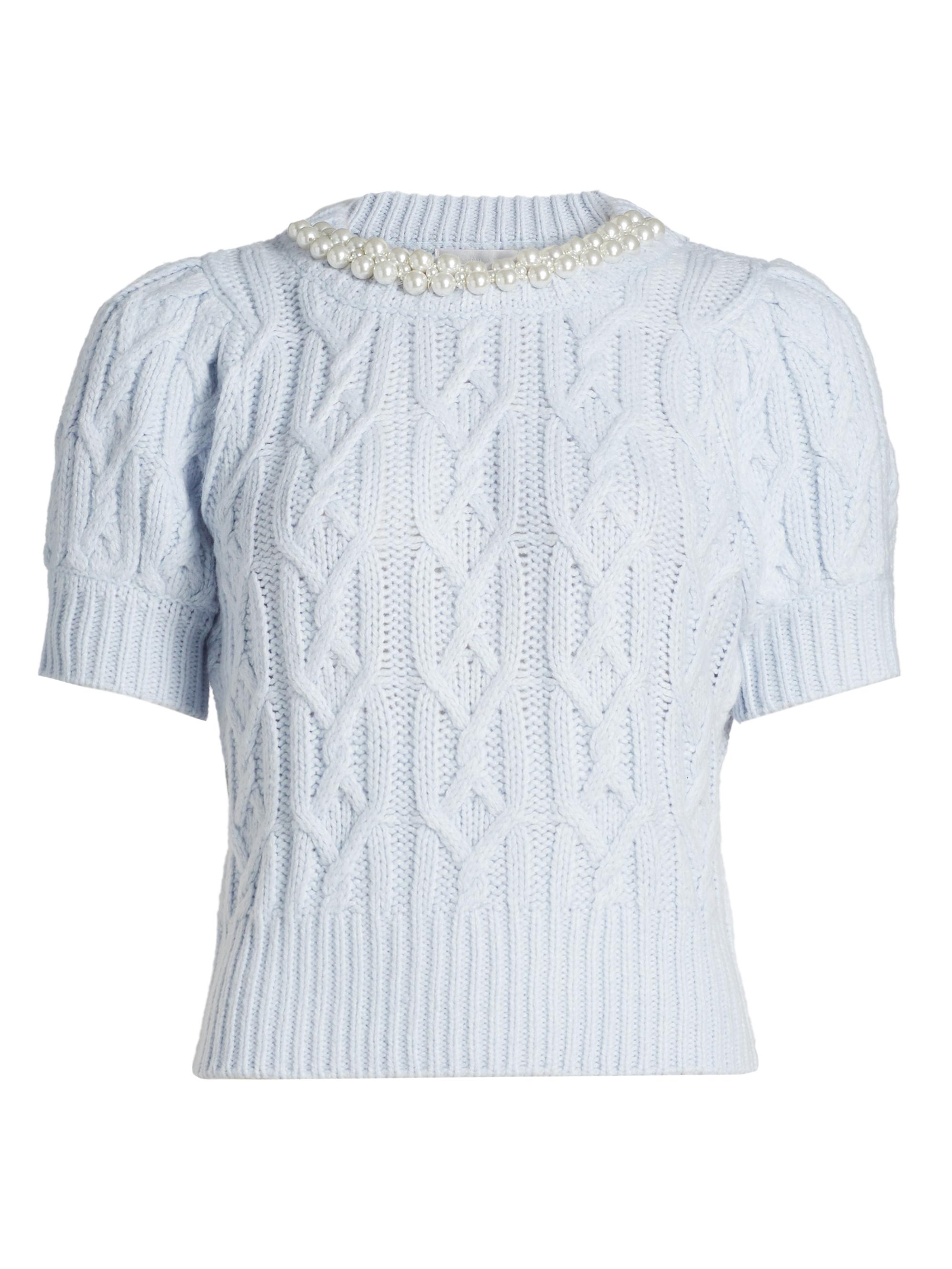 Design History Women's Faux Pearl Cable-Knit Short-Sleeve Sweater - Light Blue