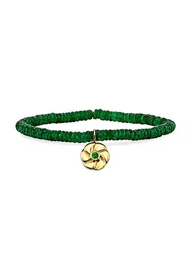 14K Yellow Gold, Green Aventurine & Emerald Pinwheel Flower Charm Bracelet