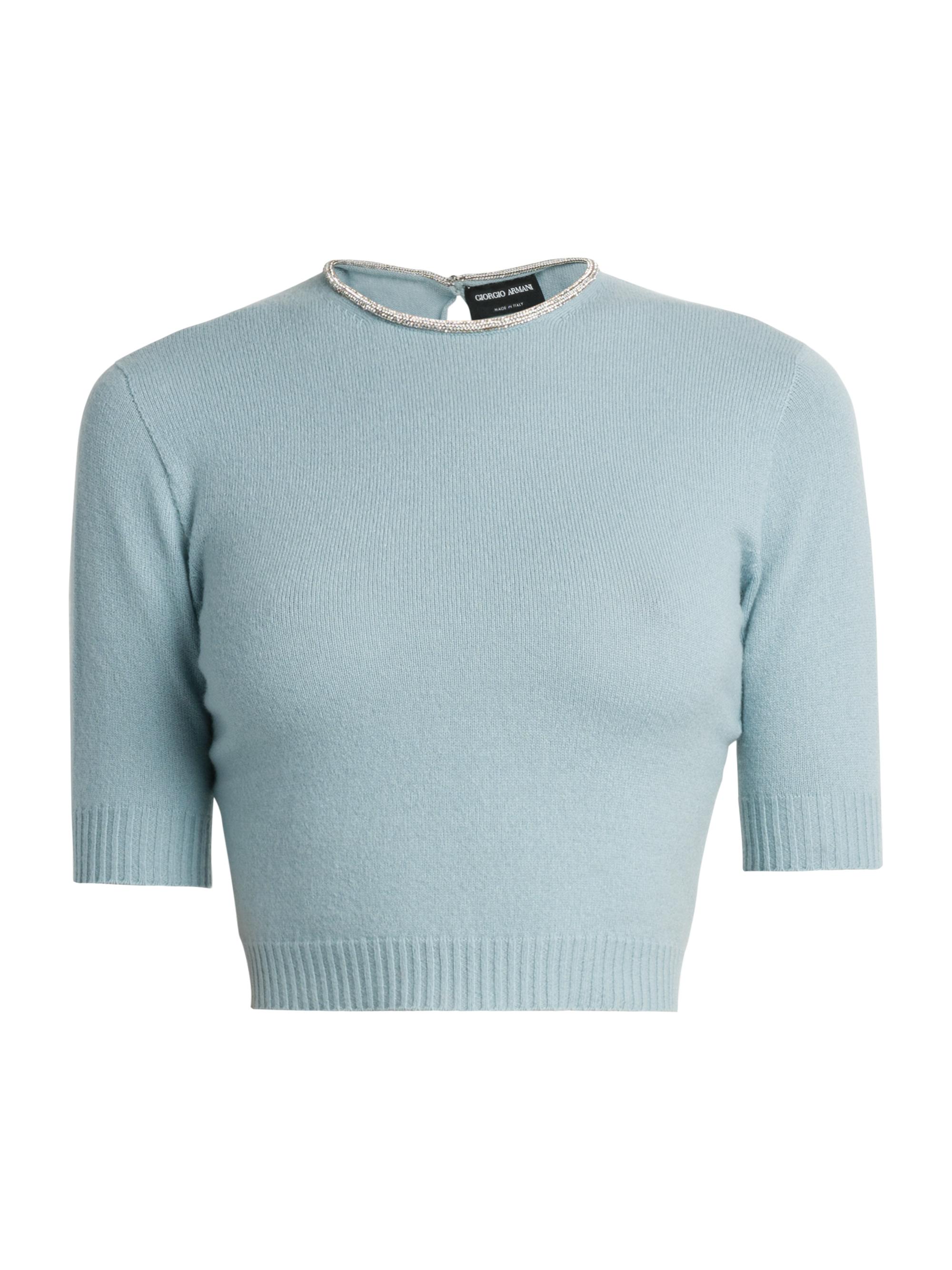 Giorgio Armani Women's Beaded Crewneck Cashmere Crop Tee - Silver Cloud