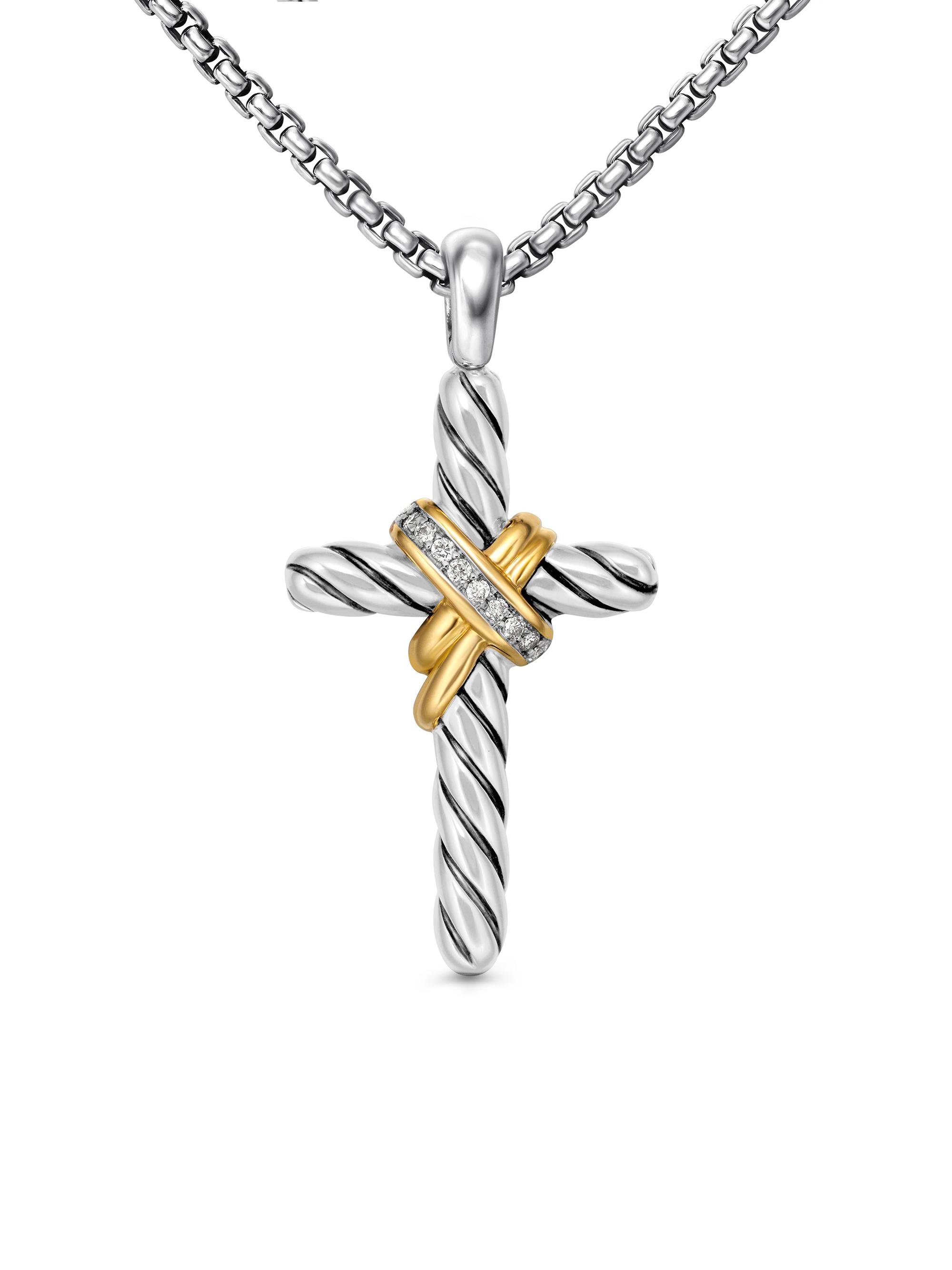 David Yurman Women's X Cross Necklace in Sterling Silver with 14K Yellow Gold and Diamonds, 31.7mm - Diamond