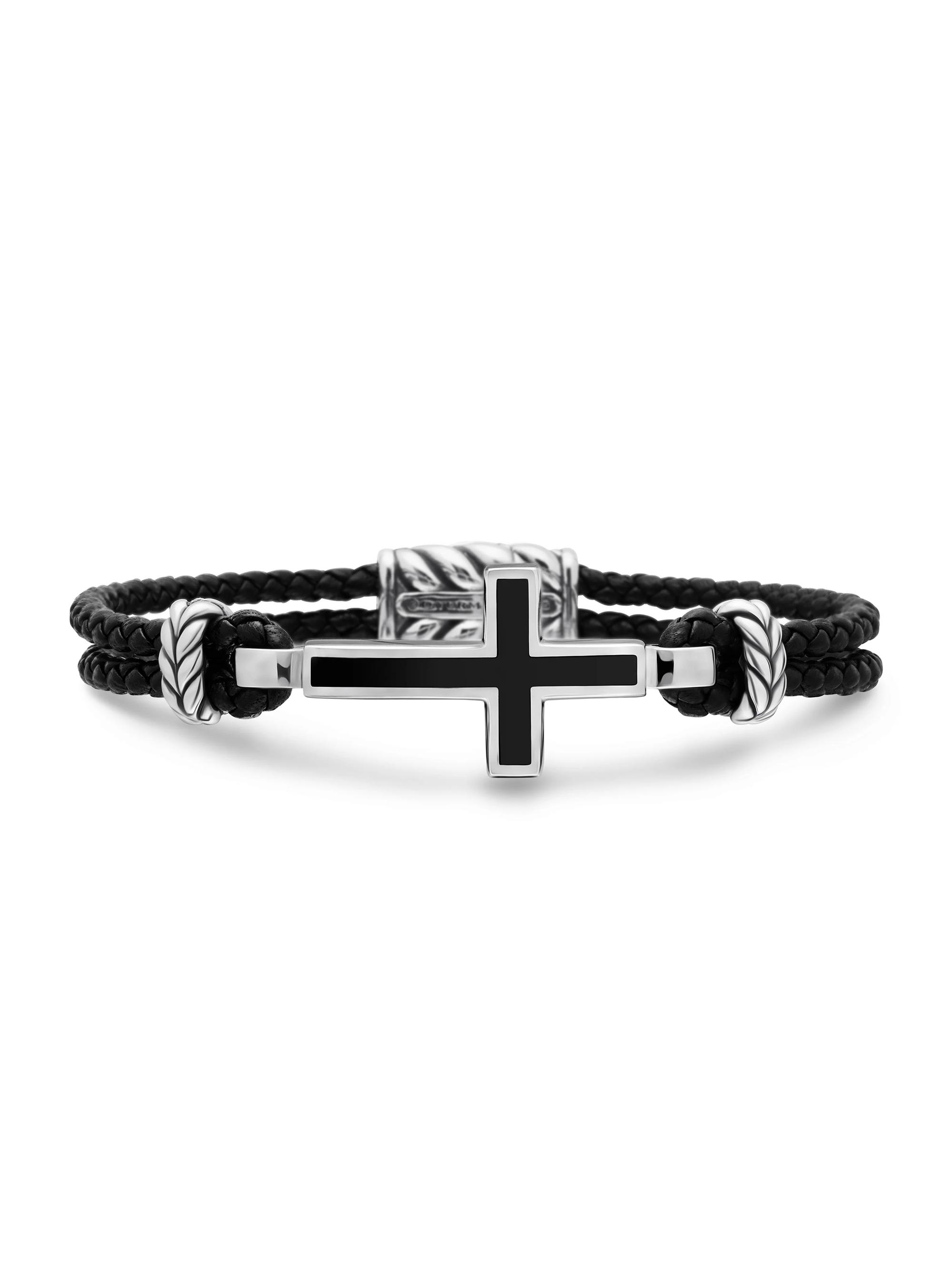 David Yurman Men's Exotic Stone Cross Bracelet in Black Leather - Black Onyx