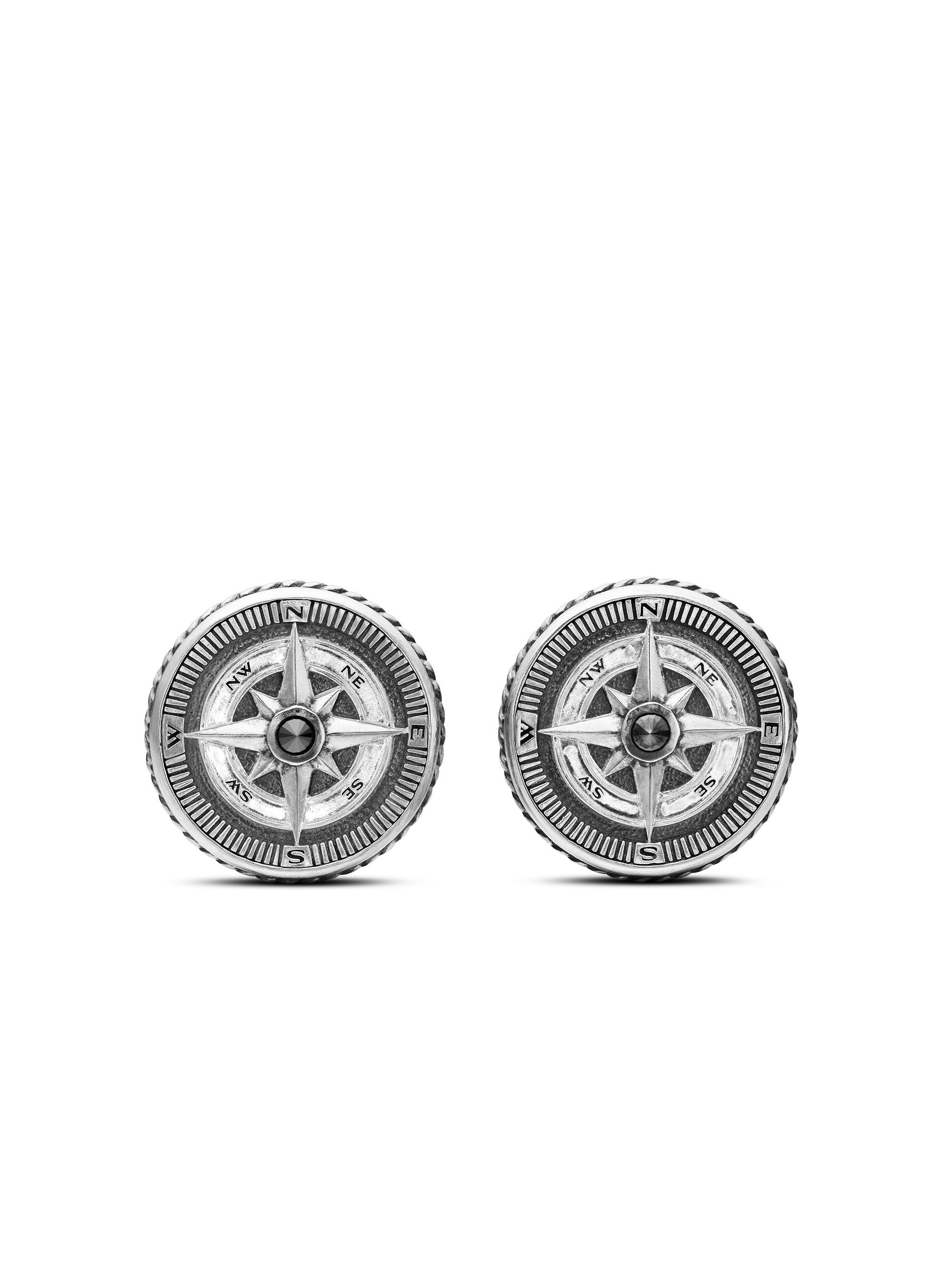 David Yurman Men's Maritime Compass Cufflinks in Sterling Silver with Center Black Diamond, 16mm - Black Diamond