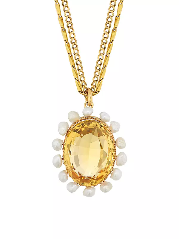 18K & 24K Yellow Gold, Citrine & Natural Pearl Pendant Necklace
