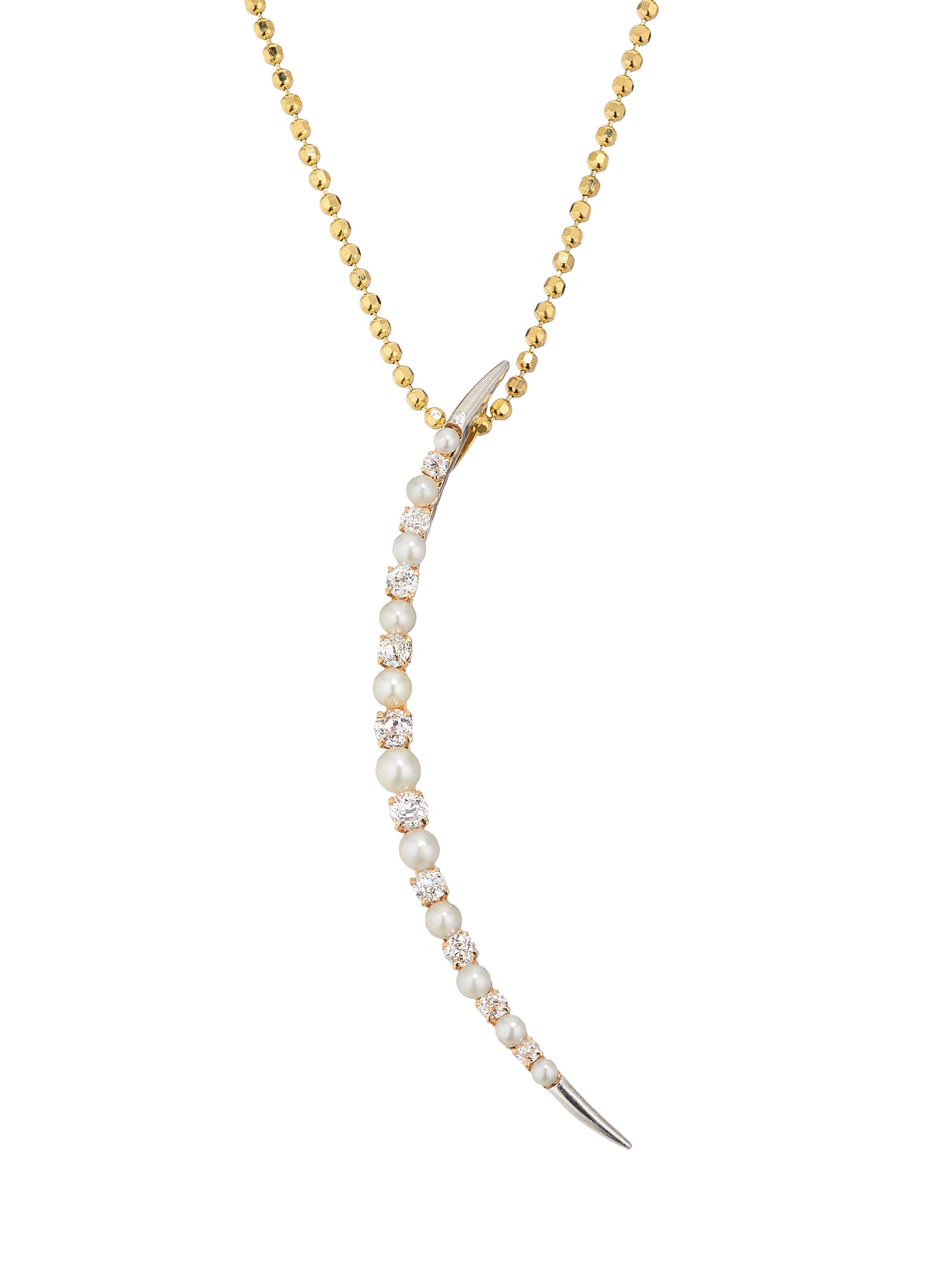 Renee Lewis Women's Two-Tone 18K Gold, Natural Pearl & 1 TCW Diamond Crescent Moon Pendant Necklace - Yellow Gold