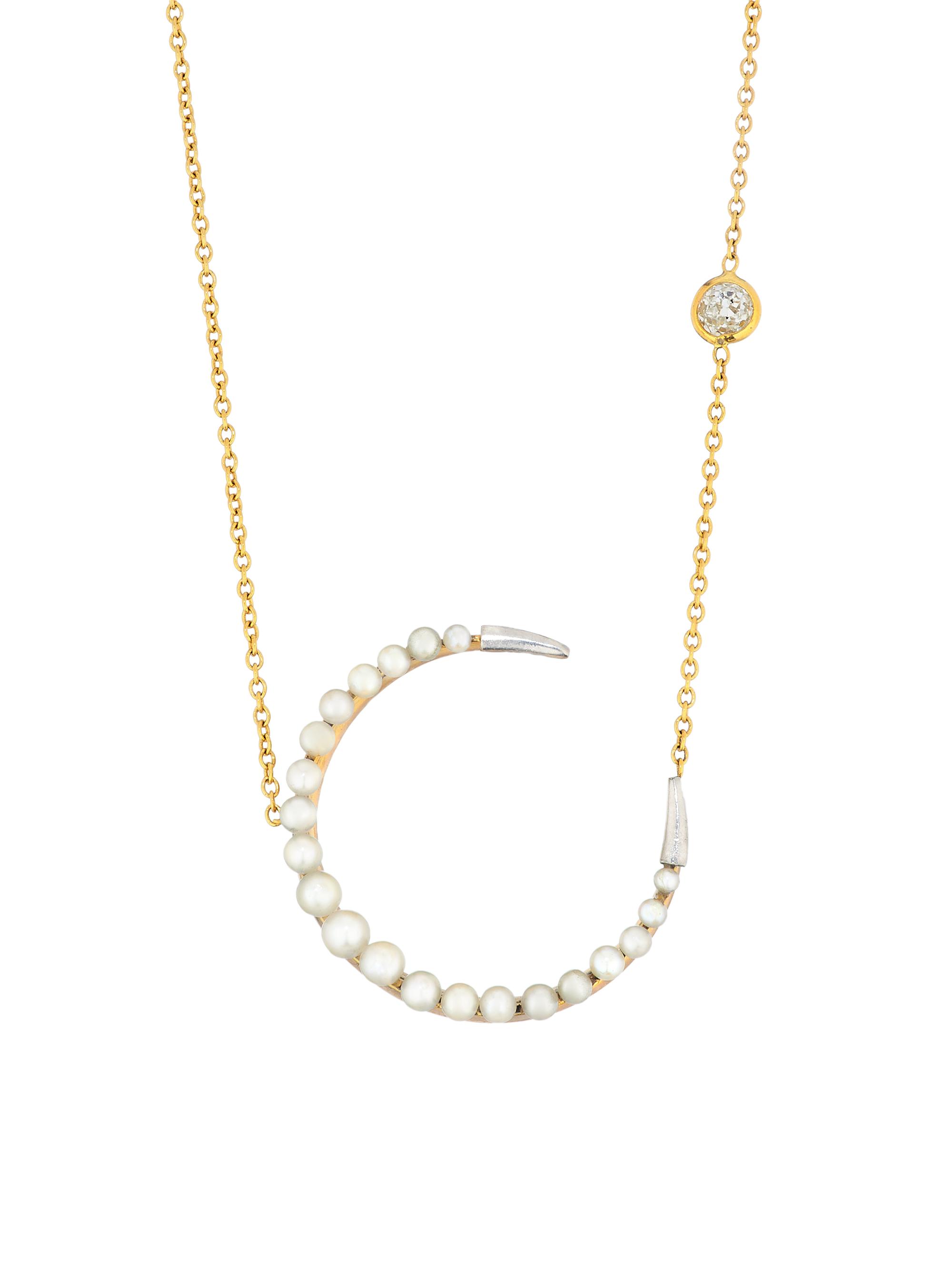 Renee Lewis Women's 18K Yellow Gold, Natural Pearl & 0.2 TCW Diamond Crescent Moon Pendant Necklace - Yellowgold