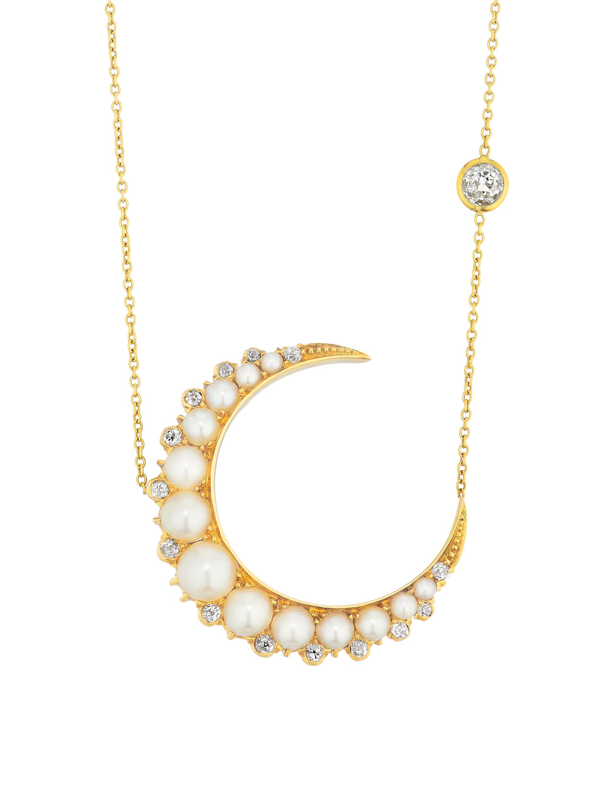 Renee Lewis Women's 18K Yellow Gold, Natural Pearl & 0.5 TCW Diamond Crescent Moon Pendant Necklace - Yellow Gold