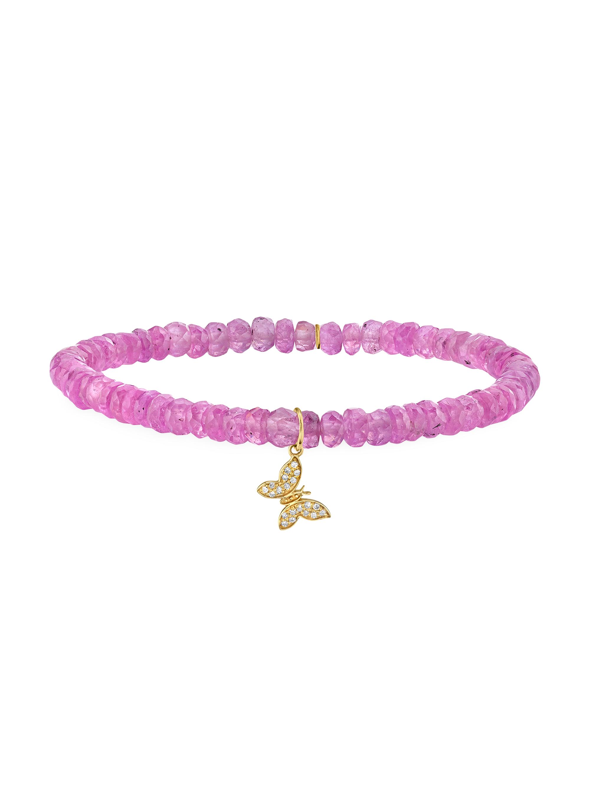 Sydney Evan Women's 14K Yellow Gold, Pink Sapphire & 0.05 TCW Diamond Beaded Butterfly Stretch Bracelet - Yellow Gold