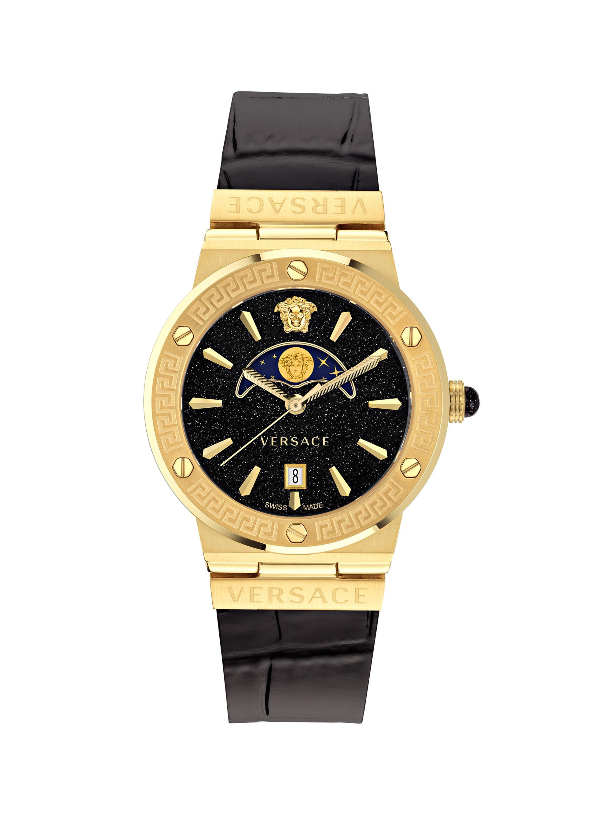 Versace Men's Unisex Greca Logo Moonphase IP Yellow Gold & Leather Strap Watch/38MM - Yellow Gold