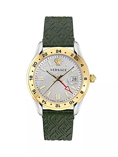 41MM Greca Time GMT Two-Tone Case & Leather Strap Watch
