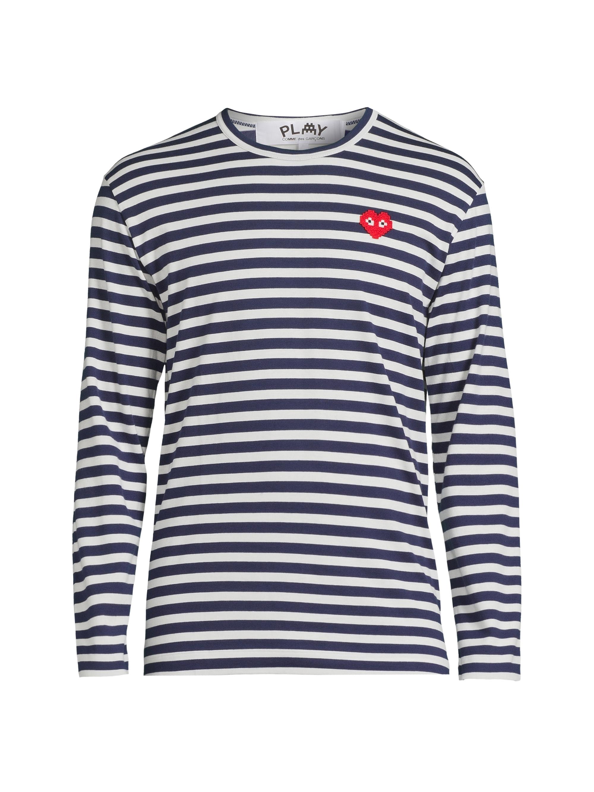 Comme des Garçons PLAY Men's Striped Invader Heart Cotton Long-Sleeve T-Shirt - Navy White