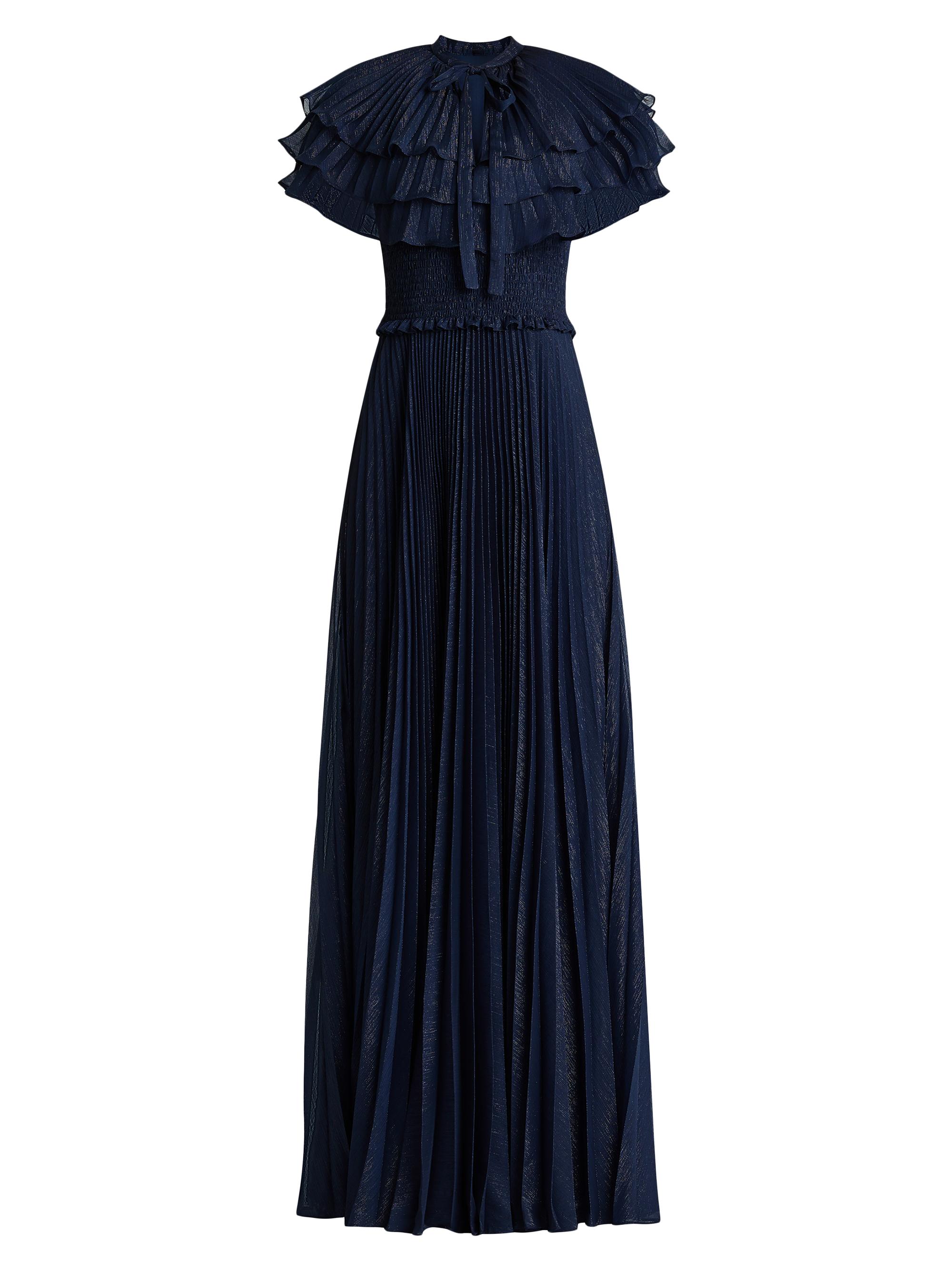 Zac Posen Women's Metallic Ruffled Cape Gown - Dark Navy