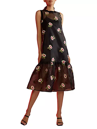 Buy Cynthia Rowley Women's A- Line Bonded Satin Dress with Floral Applique,  Black, 6 at