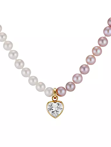 Prism 18K Yellow Gold, Freshwater Pearl & White Topaz Heart Pendant Necklace