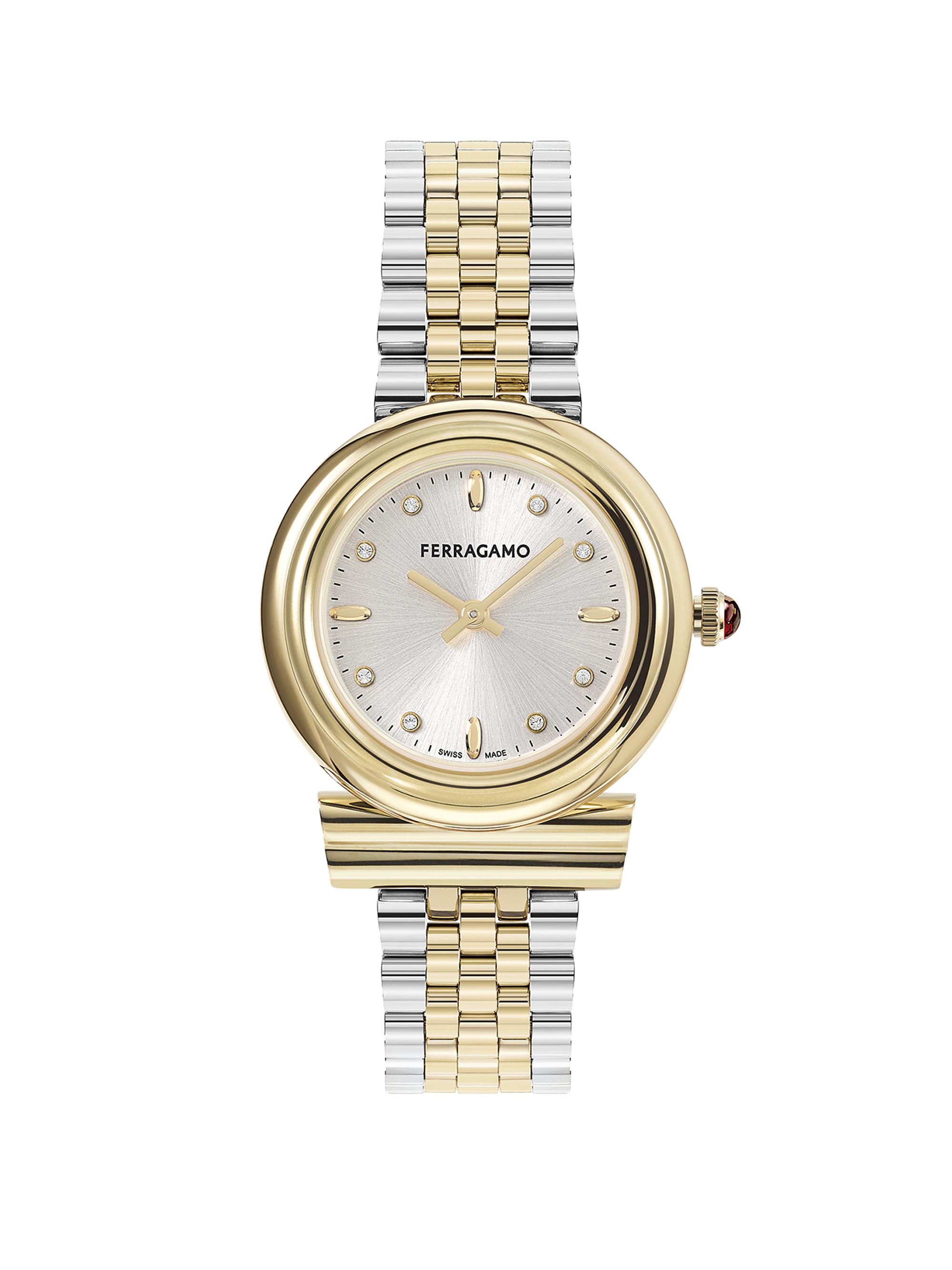 FERRAGAMO Women's Gancini Diamond & Two-Toned Stainless Steel Bracelet Watch/28MM - Two Tone Yellow Gold